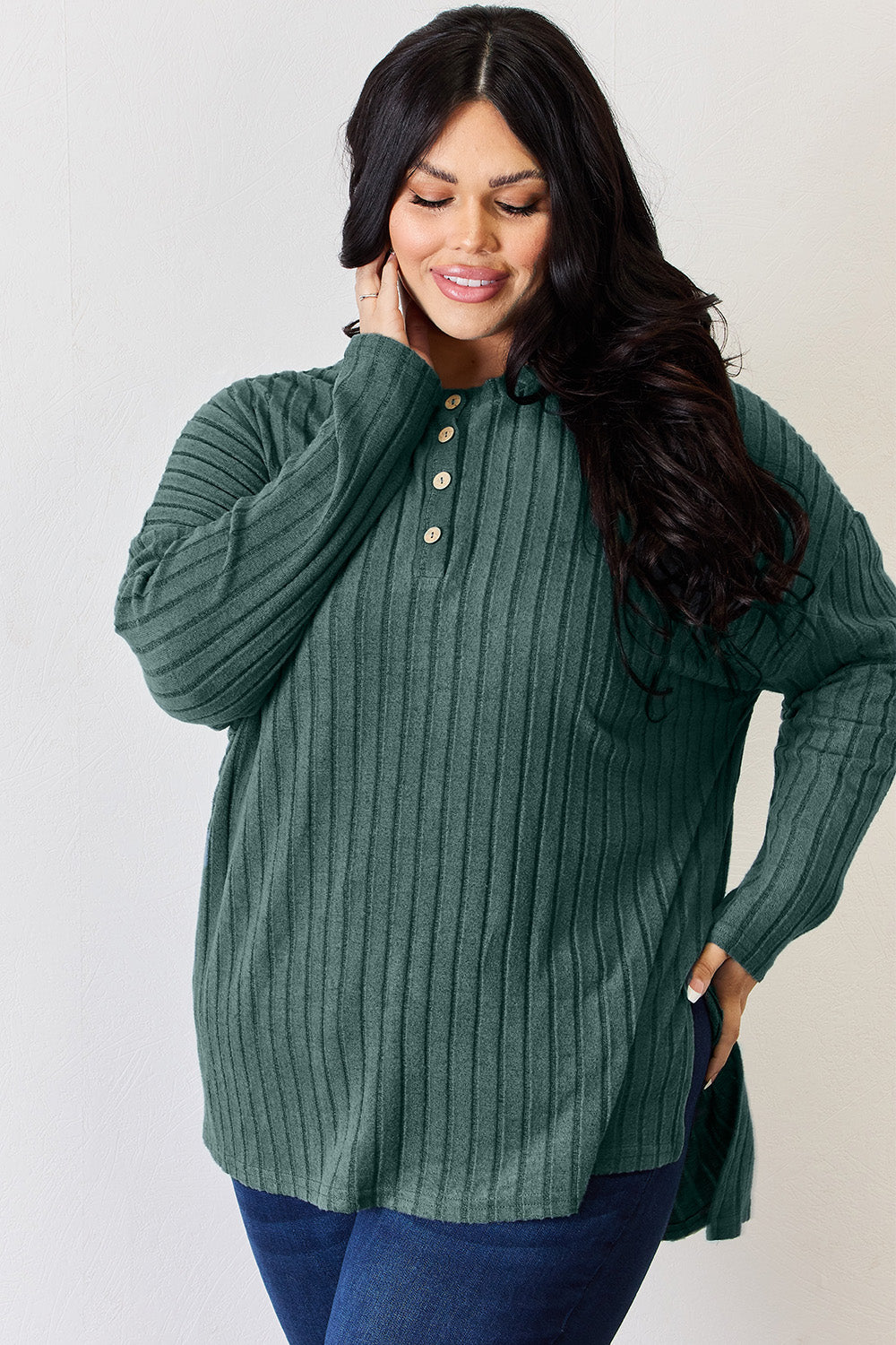 Basic Bae Full Size Ribbed Half Button Long Sleeve High-Low T-Shirt-BT8D