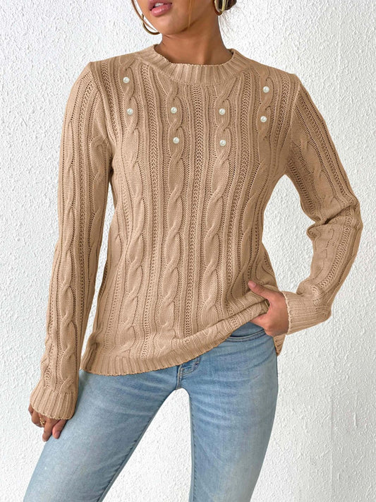 Cable-Knit Round Neck Long Sleeve Sweater-BT8D