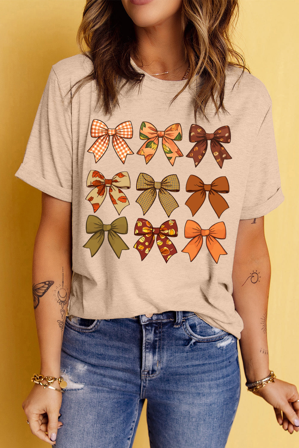 Bow Graphic Round Neck Short Sleeve T-Shirt-BT8D