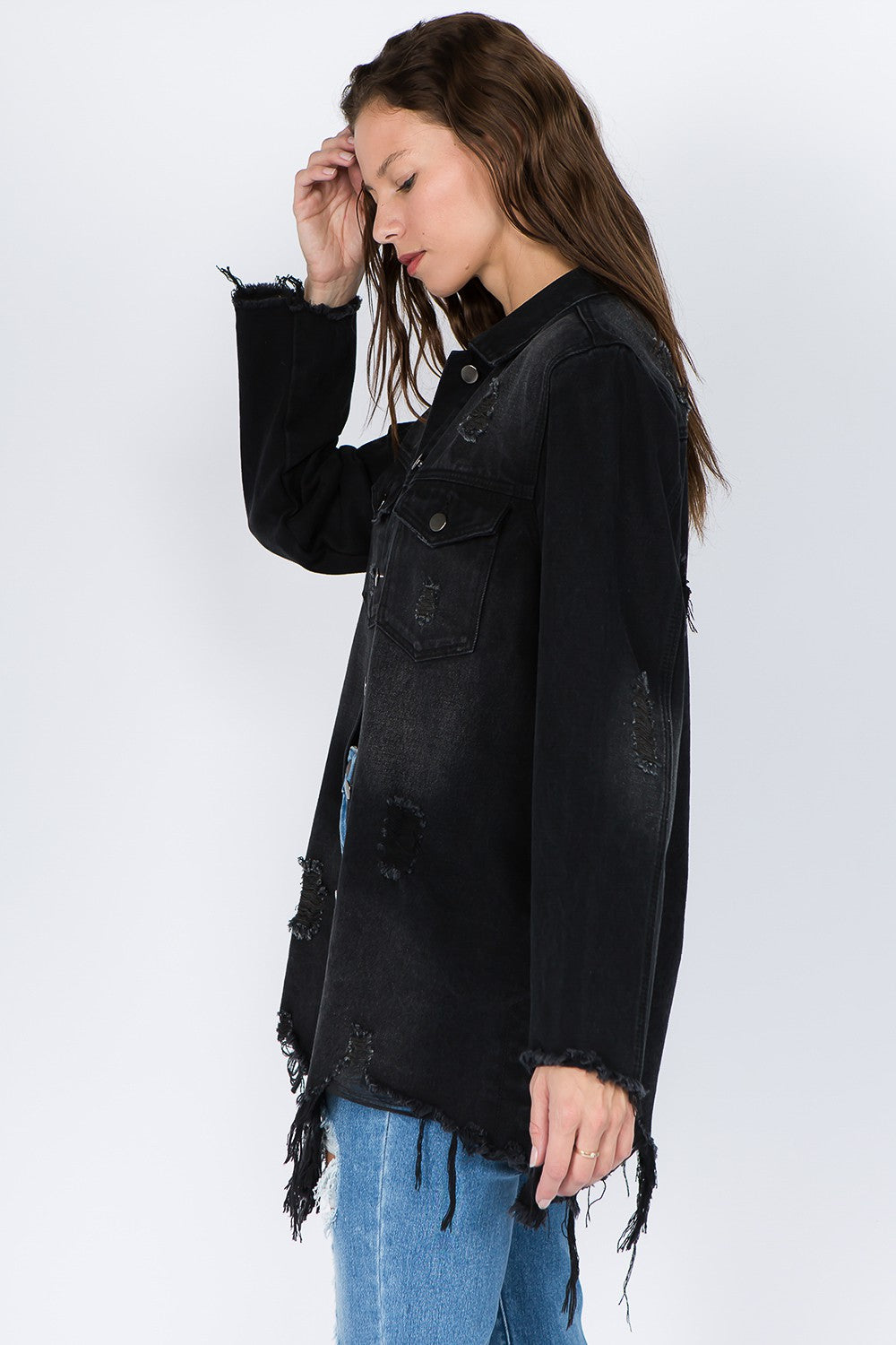 American Bazi Distressed Frayed Hem Denim Jacket-BT8D