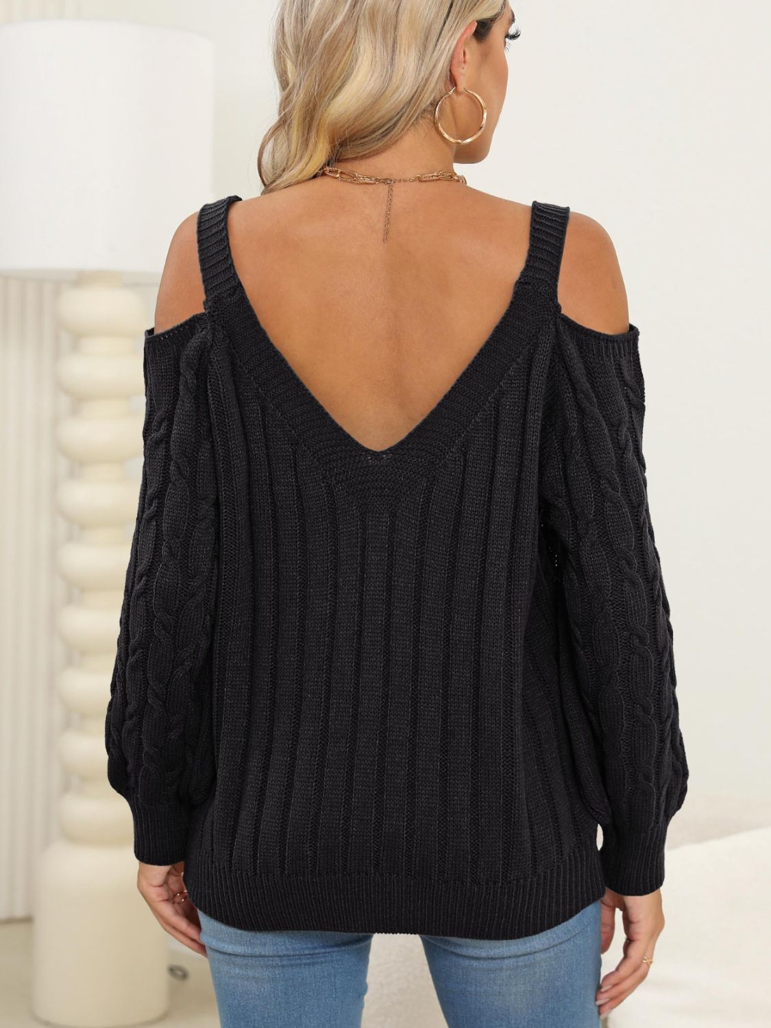 Cable-Knit Heart V-Neck Sweater-BT8D