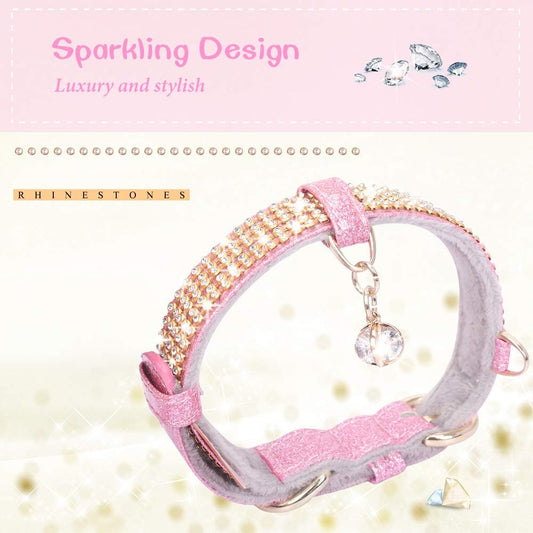 Cat Collar, Dog Collar, [Bling Rhinestones] Premium PU Leather with Pendant Adjustable Collars for Small to Medium Dog Medium Pink-BT8D
