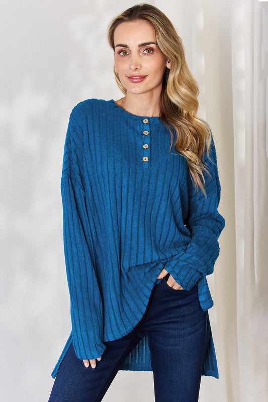 Basic Bae Full Size Ribbed Half Button Long Sleeve High-Low T-Shirt-BT8D