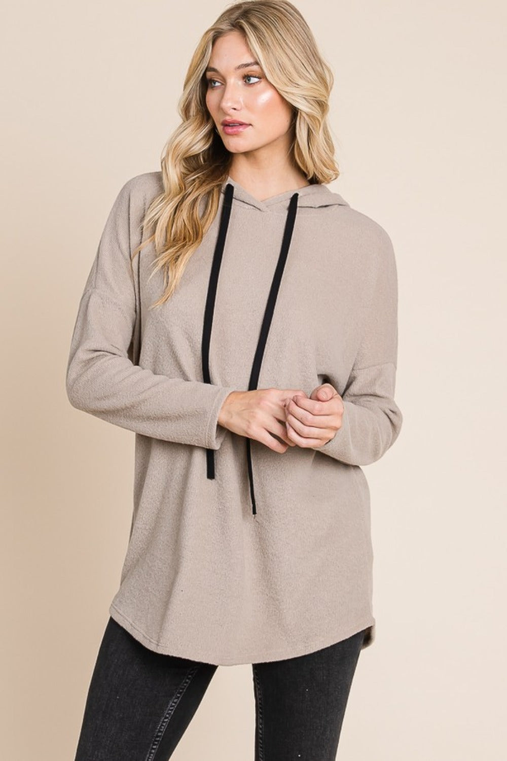 BOMBOM Contrast Drawstring Drop Shoulder Knit Hoodie-BT8D