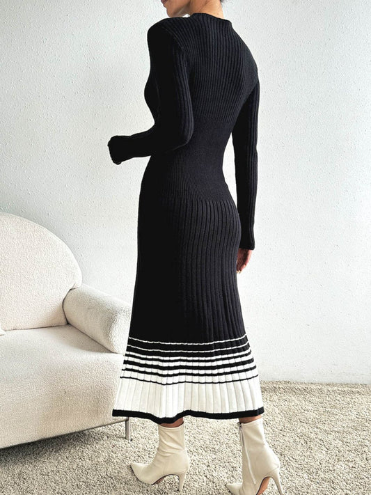 Contrast Mock Neck Long Sleeve Sweater Dress-BT8D