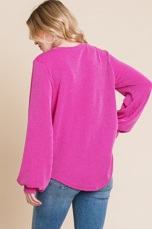 BOMBOM Long Sleeve Curved Hem Ribbed T-Shirt-BT8D