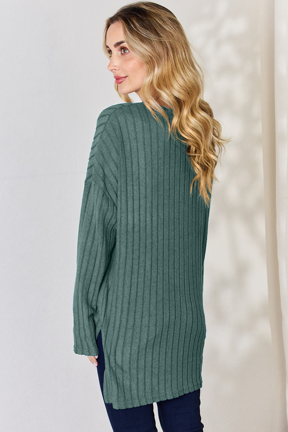 Basic Bae Full Size Ribbed Half Button Long Sleeve High-Low T-Shirt-BT8D