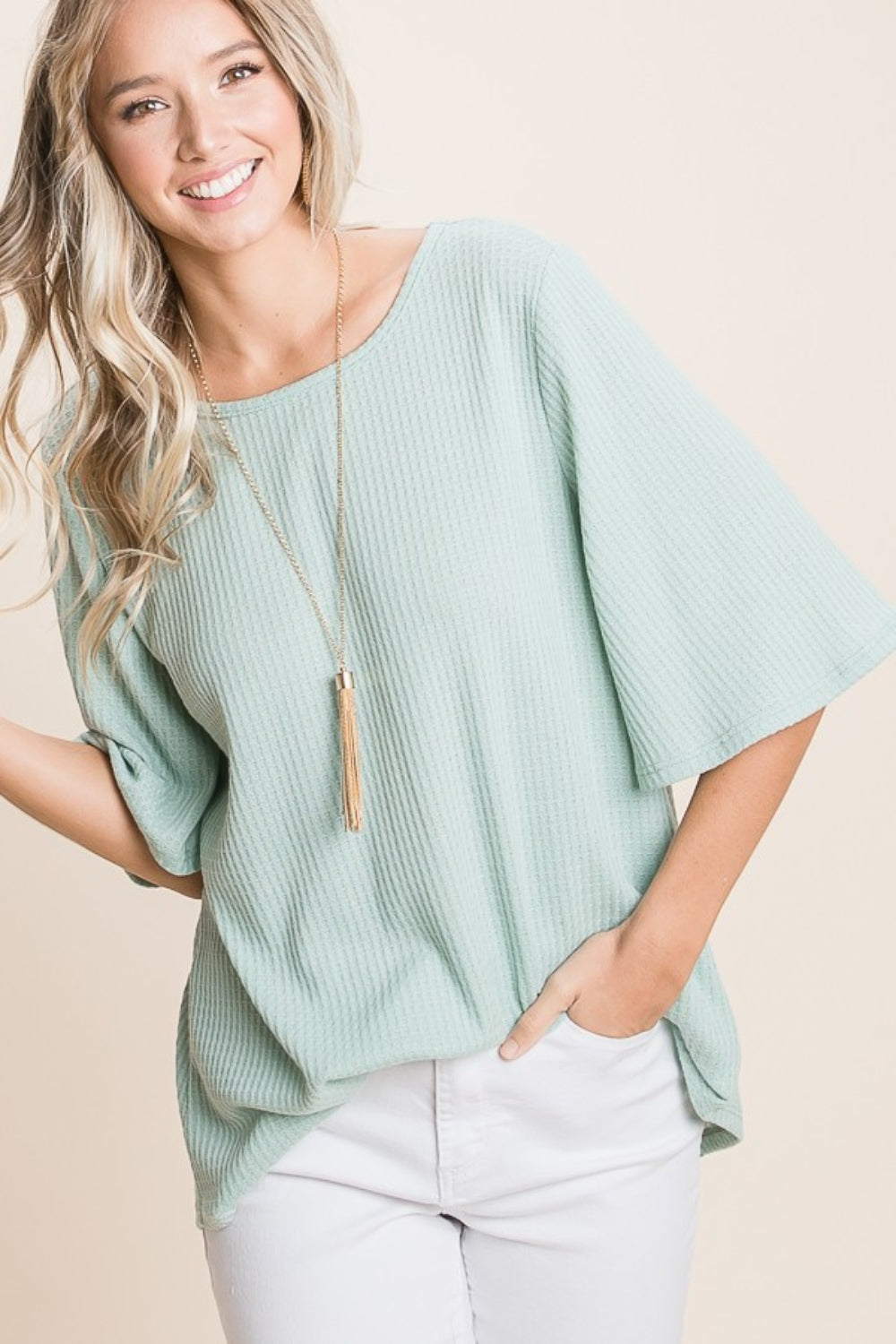 BOMBOM Round Neck Waffle Knit T-Shirt-BT8D
