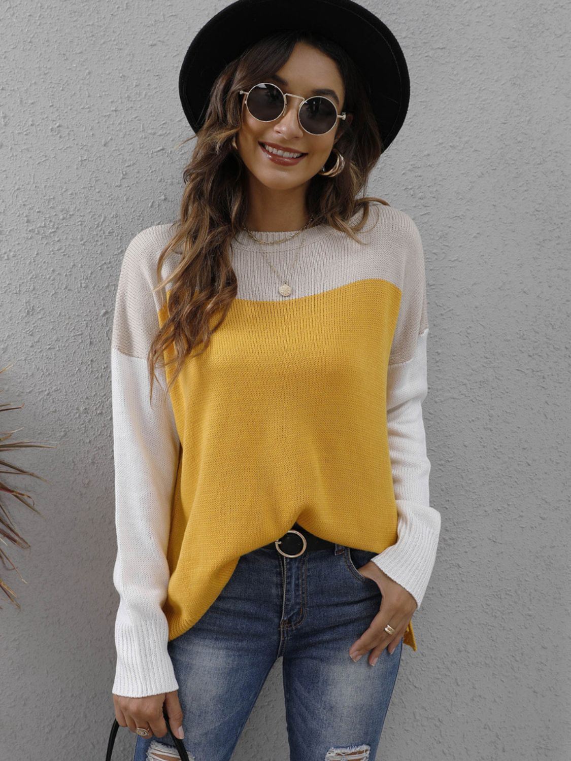 Color Block Round Neck Sweater-BT8D