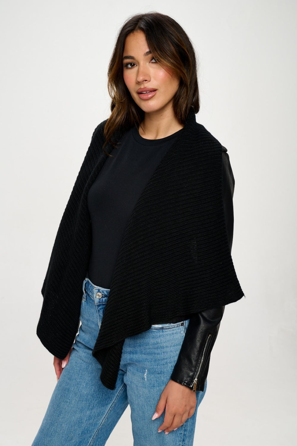 Coalition LA Knit Collared Faux Leather Crop Jacket-BT8D