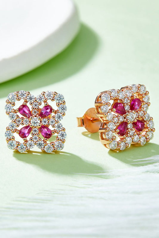 Jewelry - 925 Sterling Silver Lab-Grown Ruby Flower Shape Stud Earrings