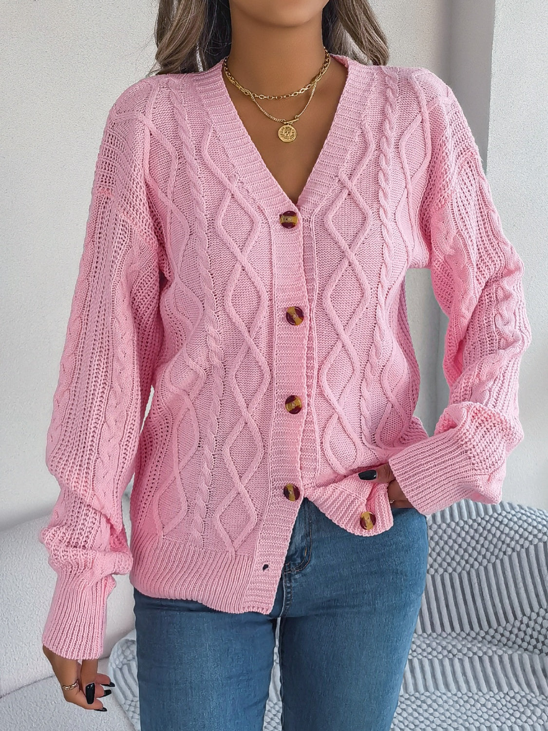 Cable-Knit Long Sleeve Cardigan-BT8D