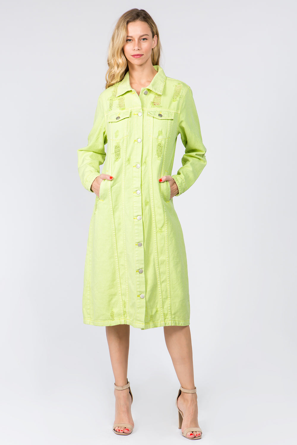 American Bazi Button Up Distressed Denim Dress-BT8D