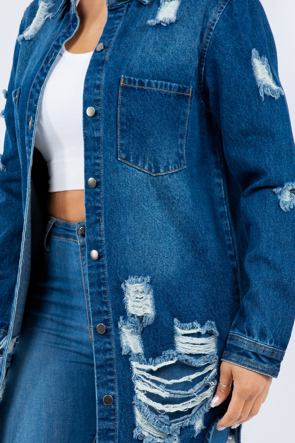 American Bazi Distressed Button Up Long Sleeve Denim Jacket-BT8D