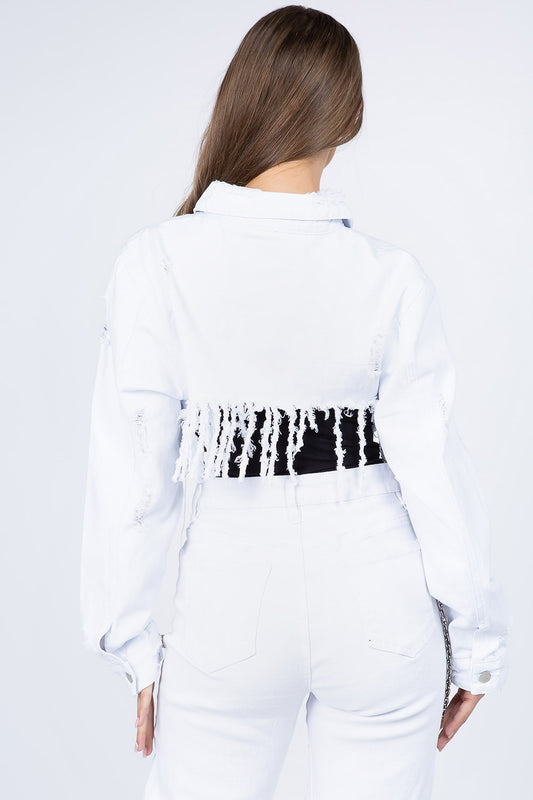 American Bazi Distressed Denim Jacket with Frayed Hem-BT8D