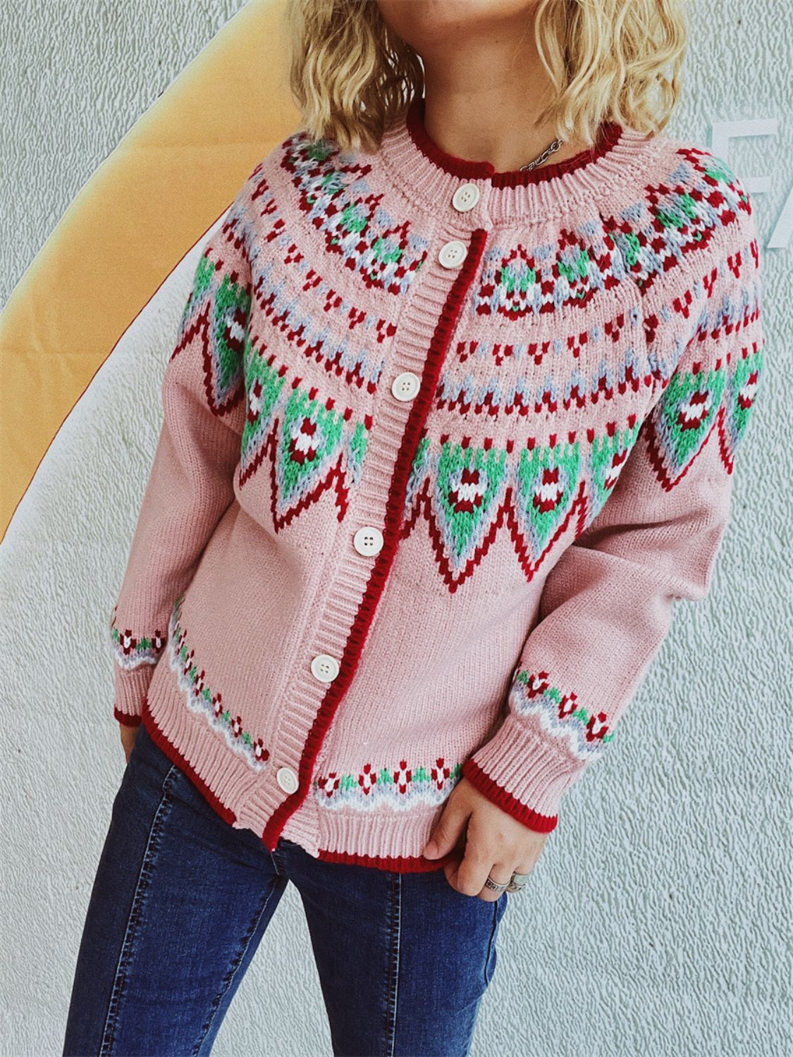 Contrast Geometric Round Neck Long Sleeve Cardigan-BT8D