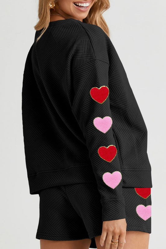 Heart Texture Round Neck Top And Drawstring Shorts Set