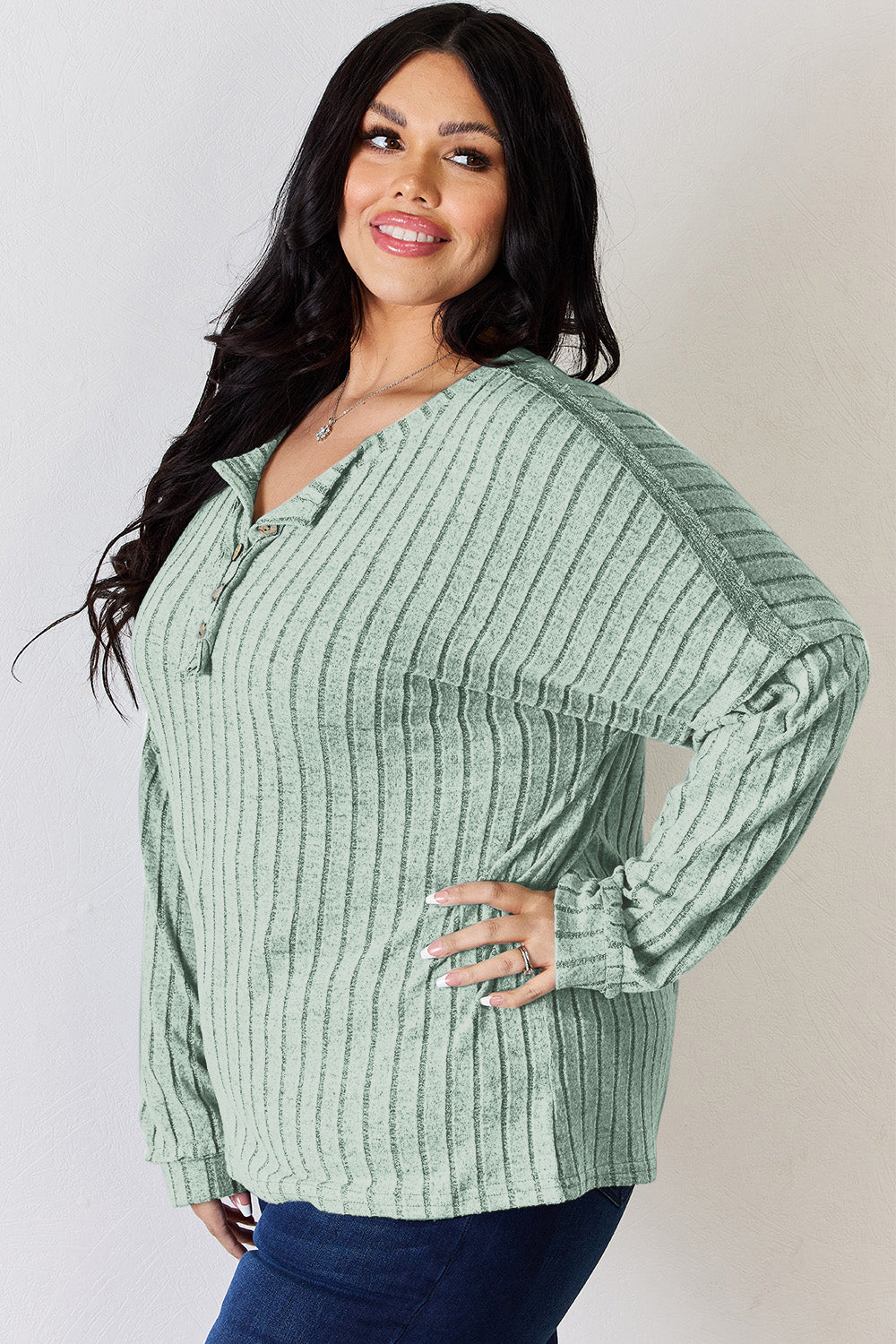 Basic Bae Full Size Ribbed Half Button Long Sleeve T-Shirt-BT8D