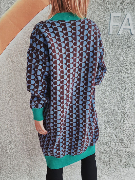 Contrast Trim Geometric Button Down Cardigan-BT8D