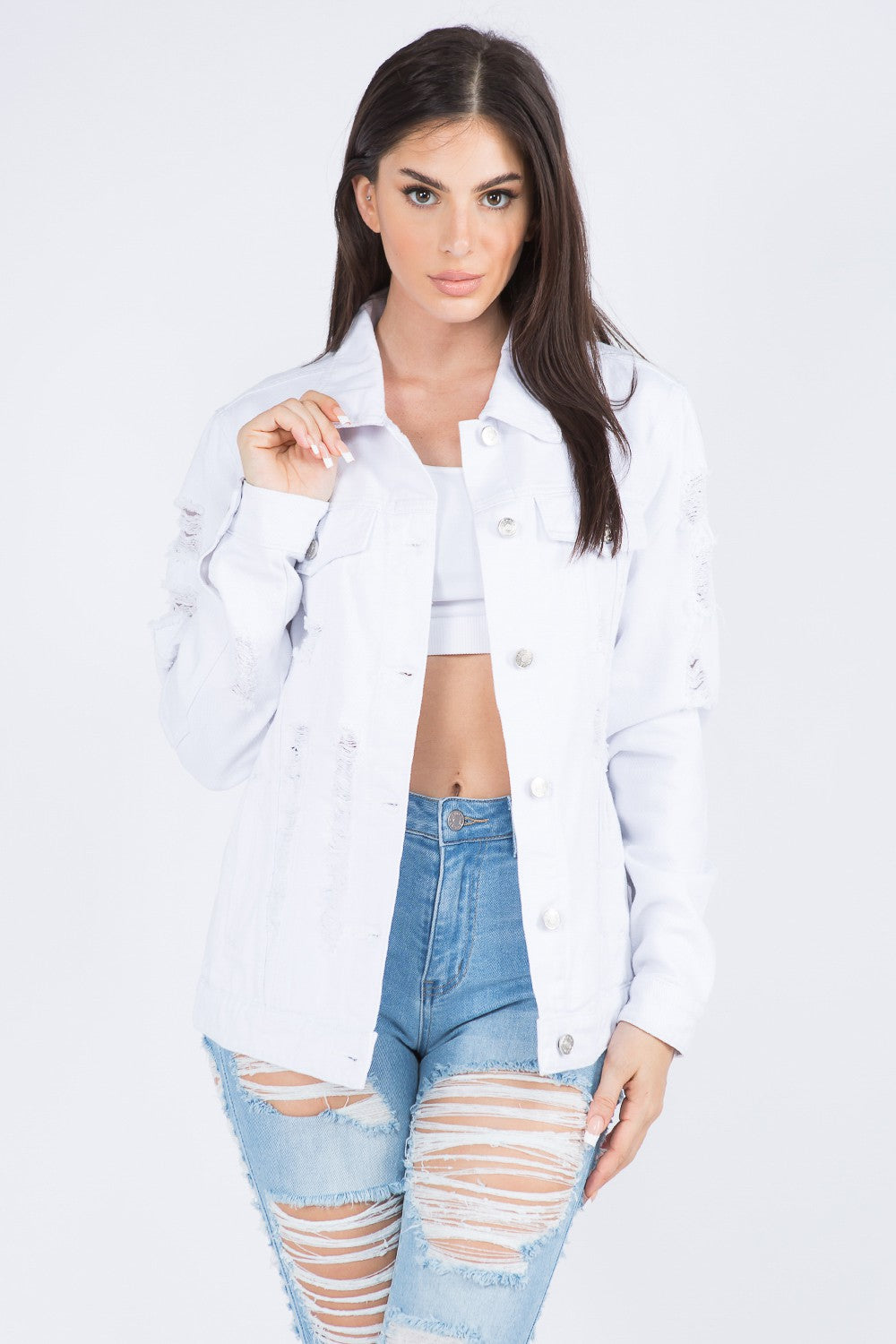 American Bazi Distressed Back Button Down Denim Jacket-BT8D