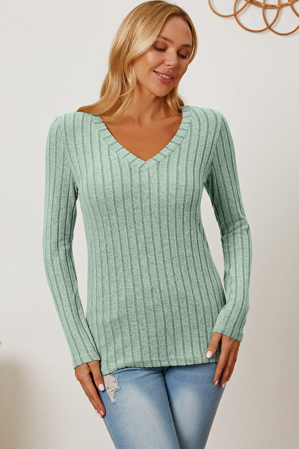 Basic Bae Full Size Ribbed V-Neck Long Sleeve T-Shirt-BT8D