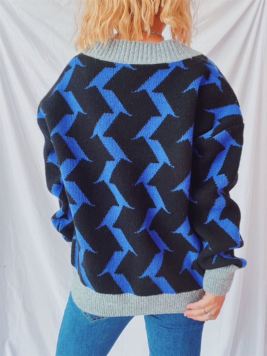 Contrast Trim Geometric V-Neck Long Sleeve Cardigan-BT8D
