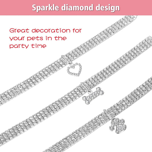 3 Pieces Bling Rhinestones Pet Collars Glitter Pendant Dog Collars Adjustable Crystal Cat Collar Elastic Pet Necklace for Small Pet Cat Dogs Puppy (White)-BT8D