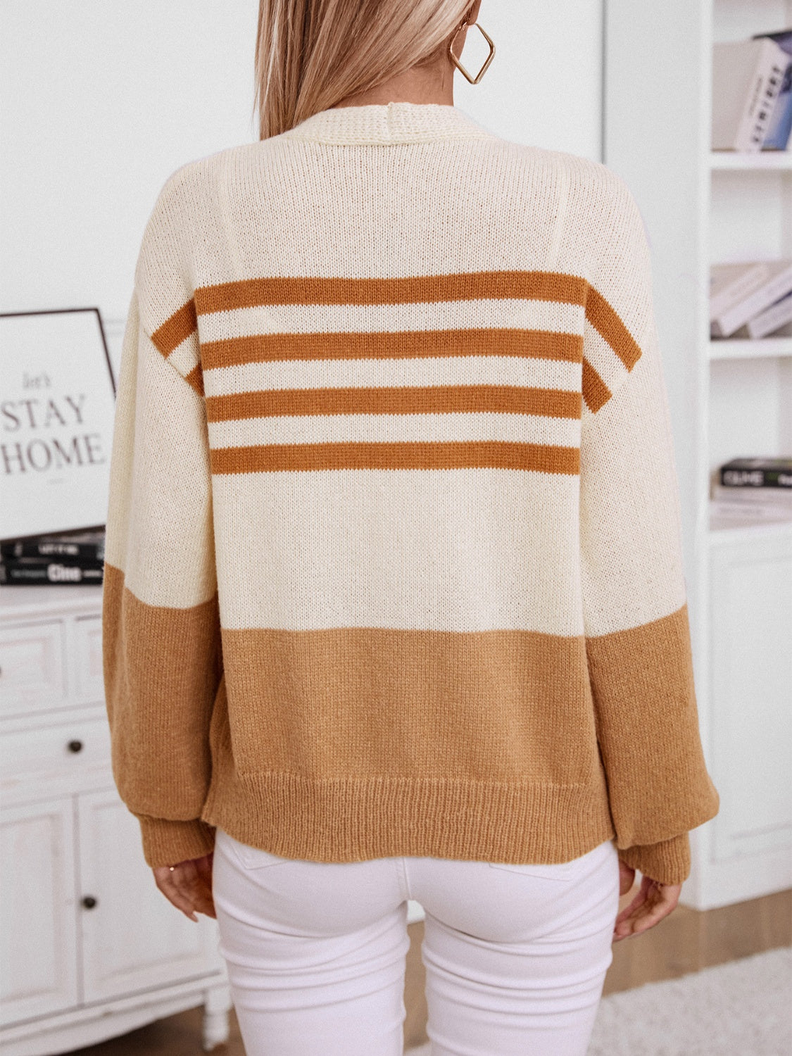 Color Block V-Neck Button Down Long Sleeve Cardigan-BT8D