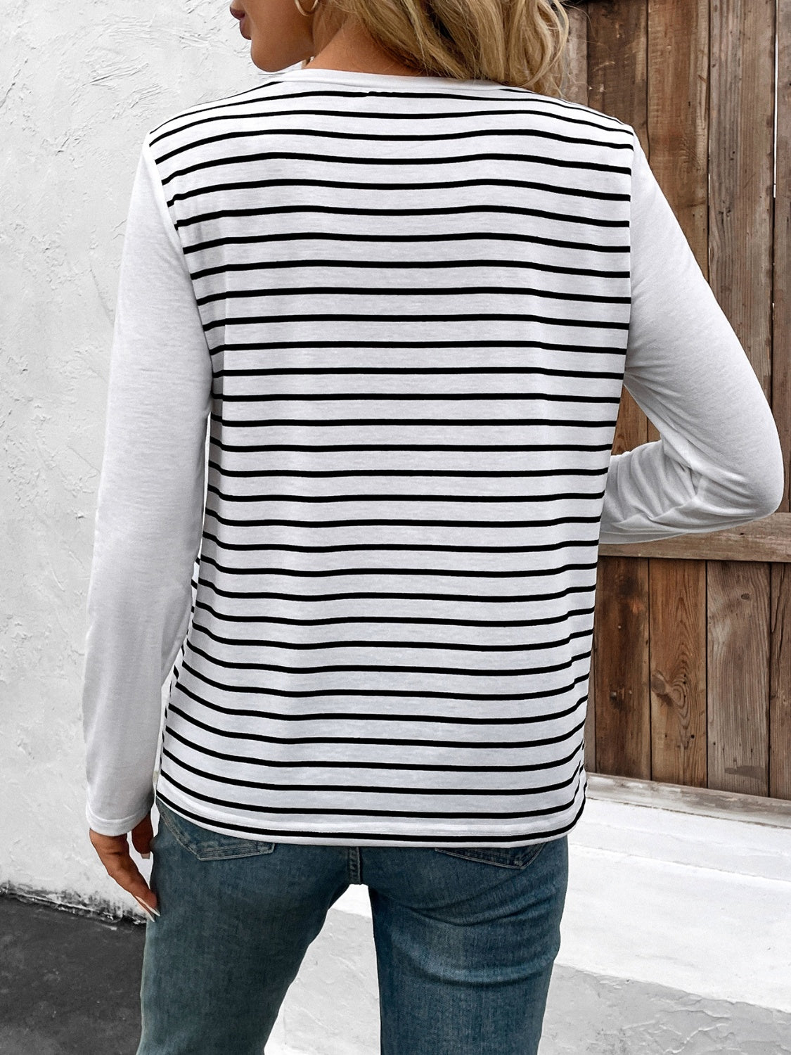 Decorative Button Striped Round Neck Long Sleeve T-Shirt-BT8D