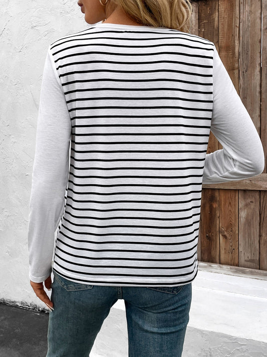 Decorative Button Striped Round Neck Long Sleeve T-Shirt-BT8D