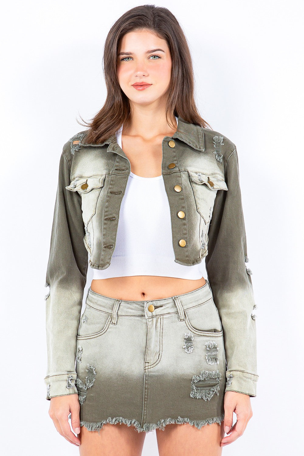 American Bazi Distressed Ombre Washed Cropped Denim Jacket-BT8D