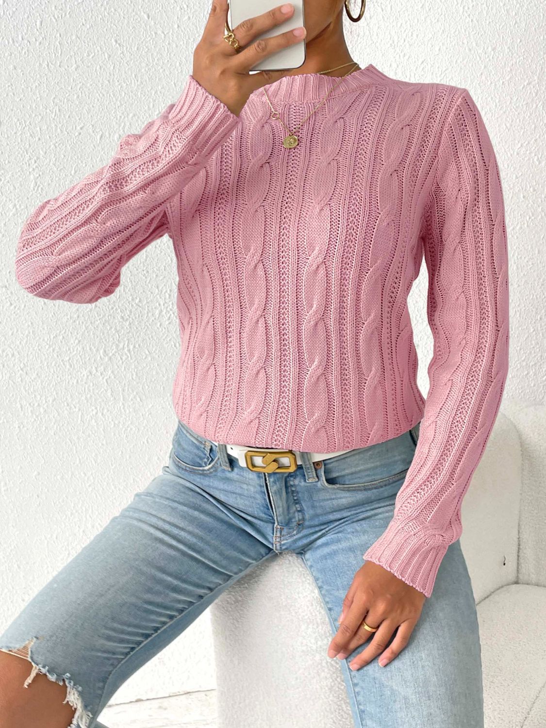 Cable-Knit Round Neck Sweater-BT8D