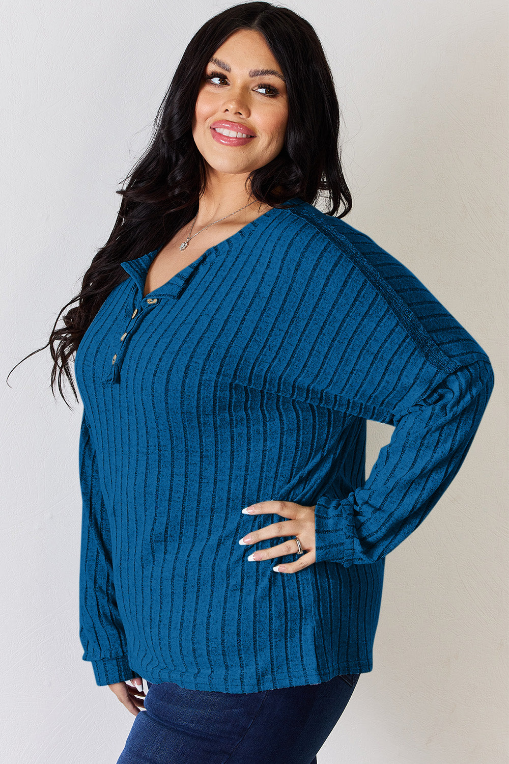 Basic Bae Full Size Ribbed Half Button Long Sleeve T-Shirt-BT8D