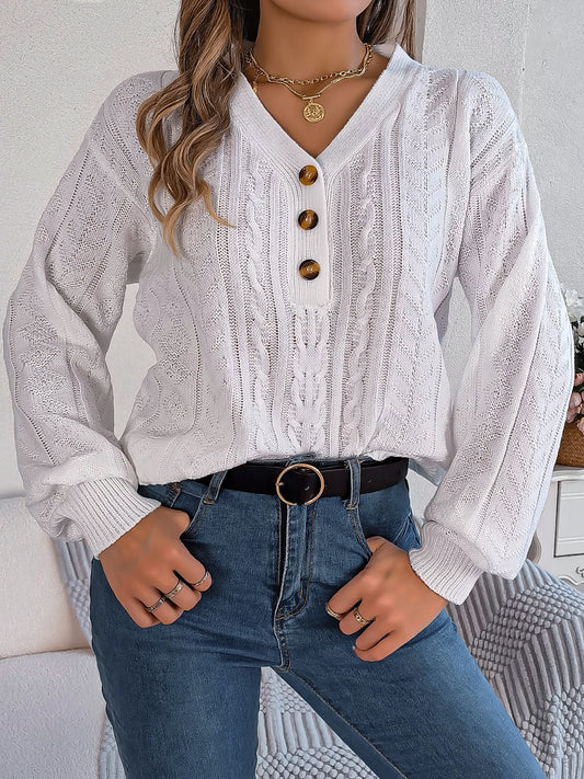 Cable-Knit V-Neck Long Sleeve Sweater-BT8D