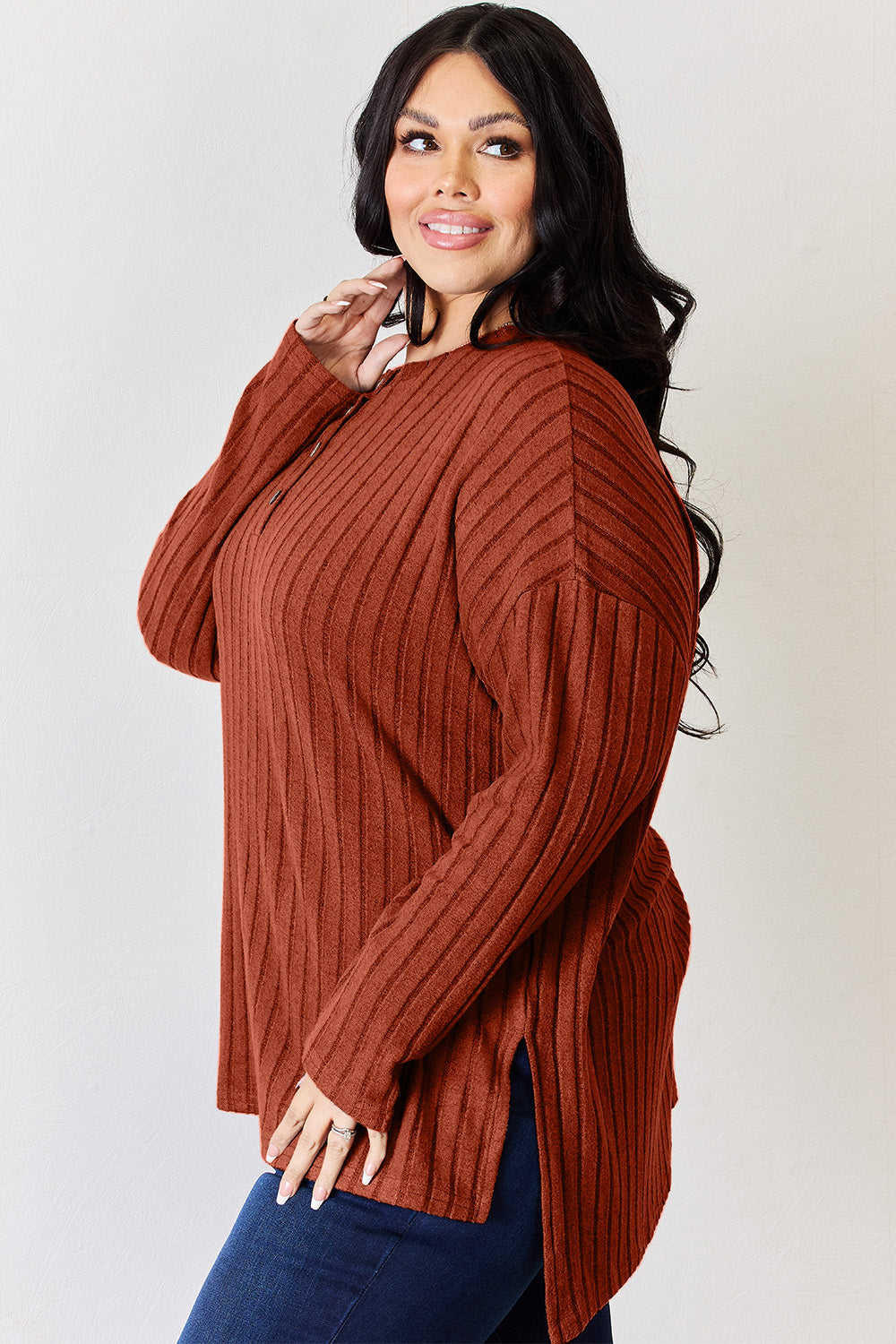 Basic Bae Full Size Ribbed Half Button Long Sleeve High-Low T-Shirt-BT8D
