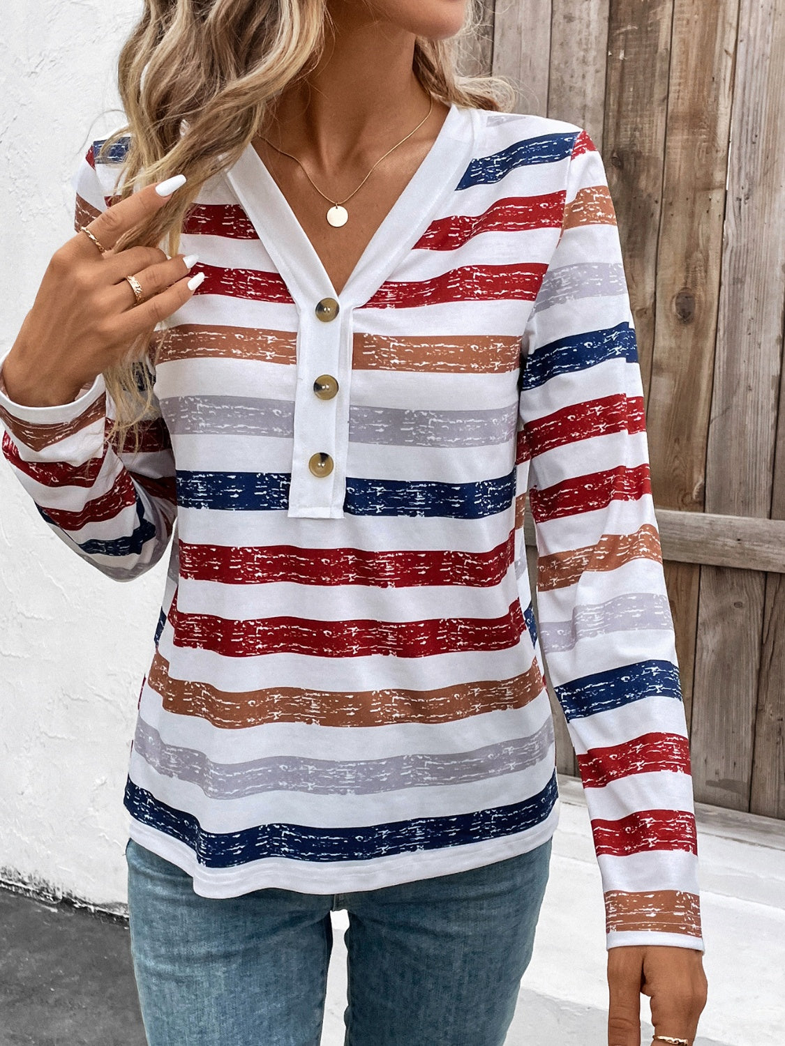 Contrast Striped V-Neck Long Sleeve T-Shirt-BT8D