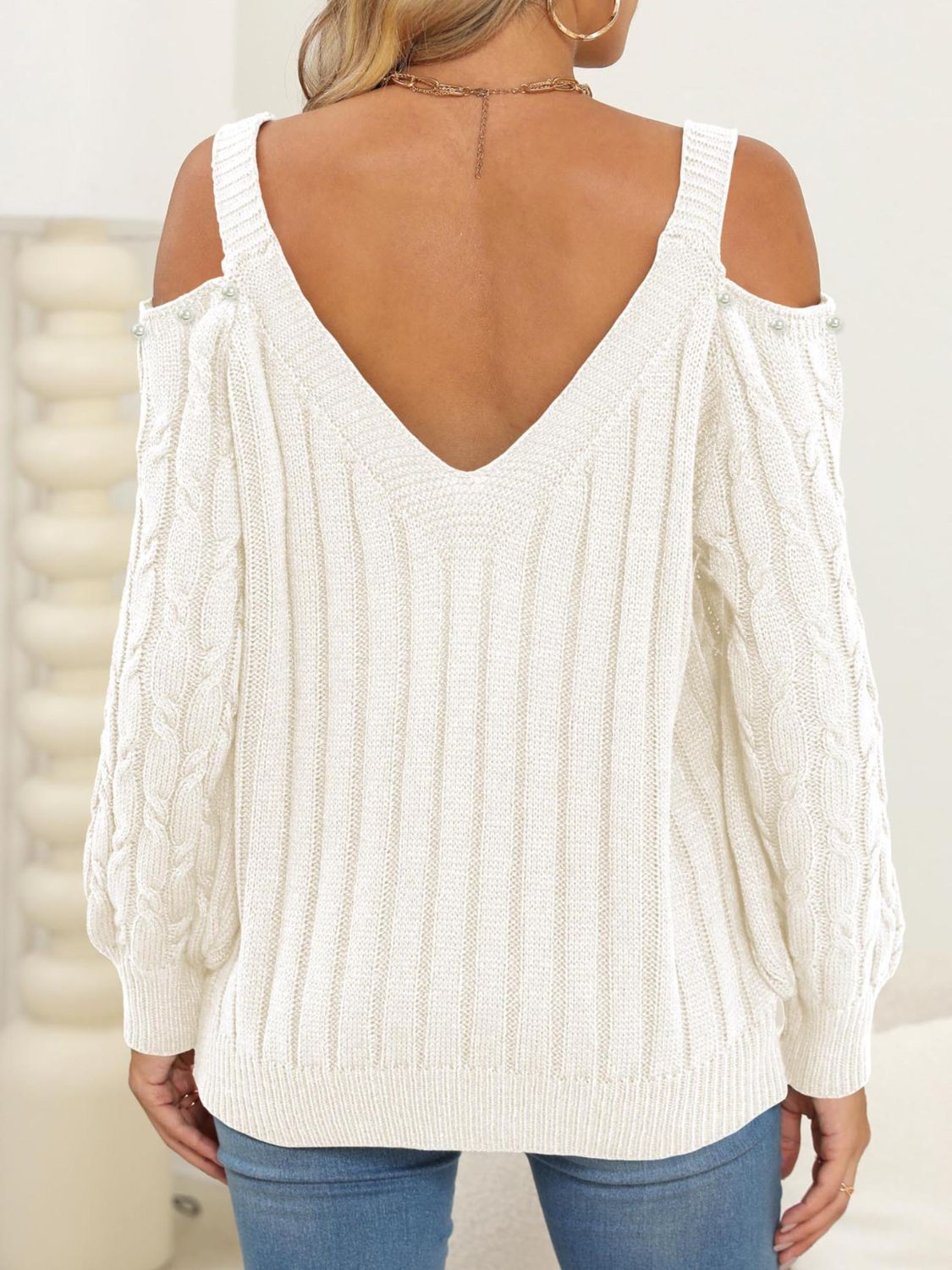 Cable-Knit Cold Shoulder Sweater-BT8D