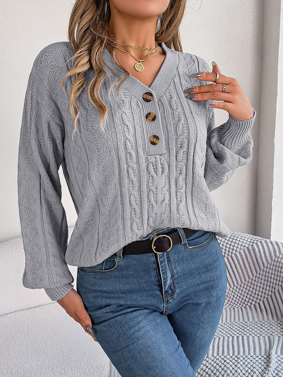 Cable-Knit V-Neck Long Sleeve Sweater-BT8D