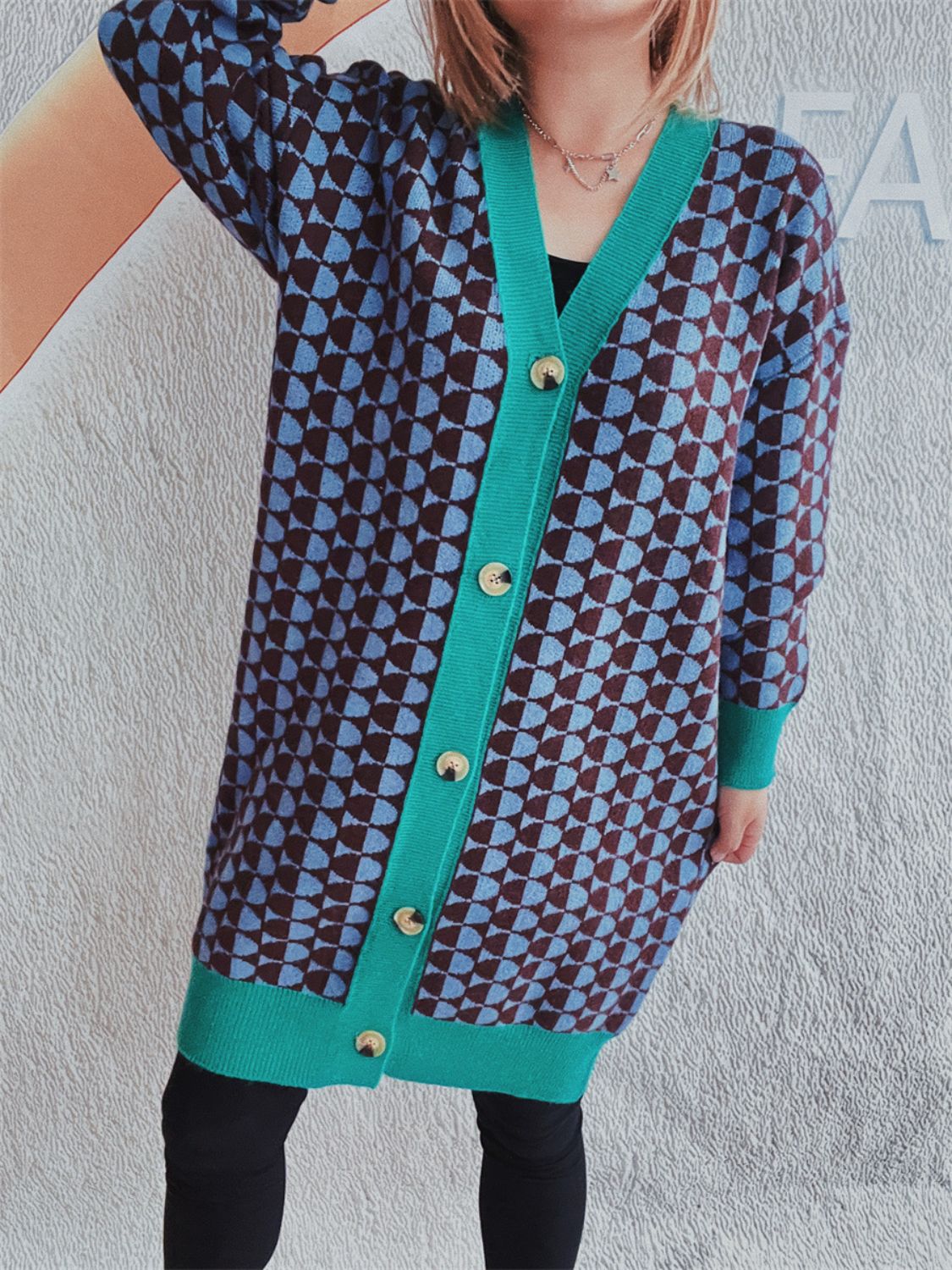 Contrast Trim Geometric Button Down Cardigan-BT8D