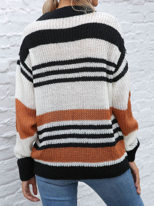 Contrast Striped Round Neck Long Sleeve Sweater-BT8D