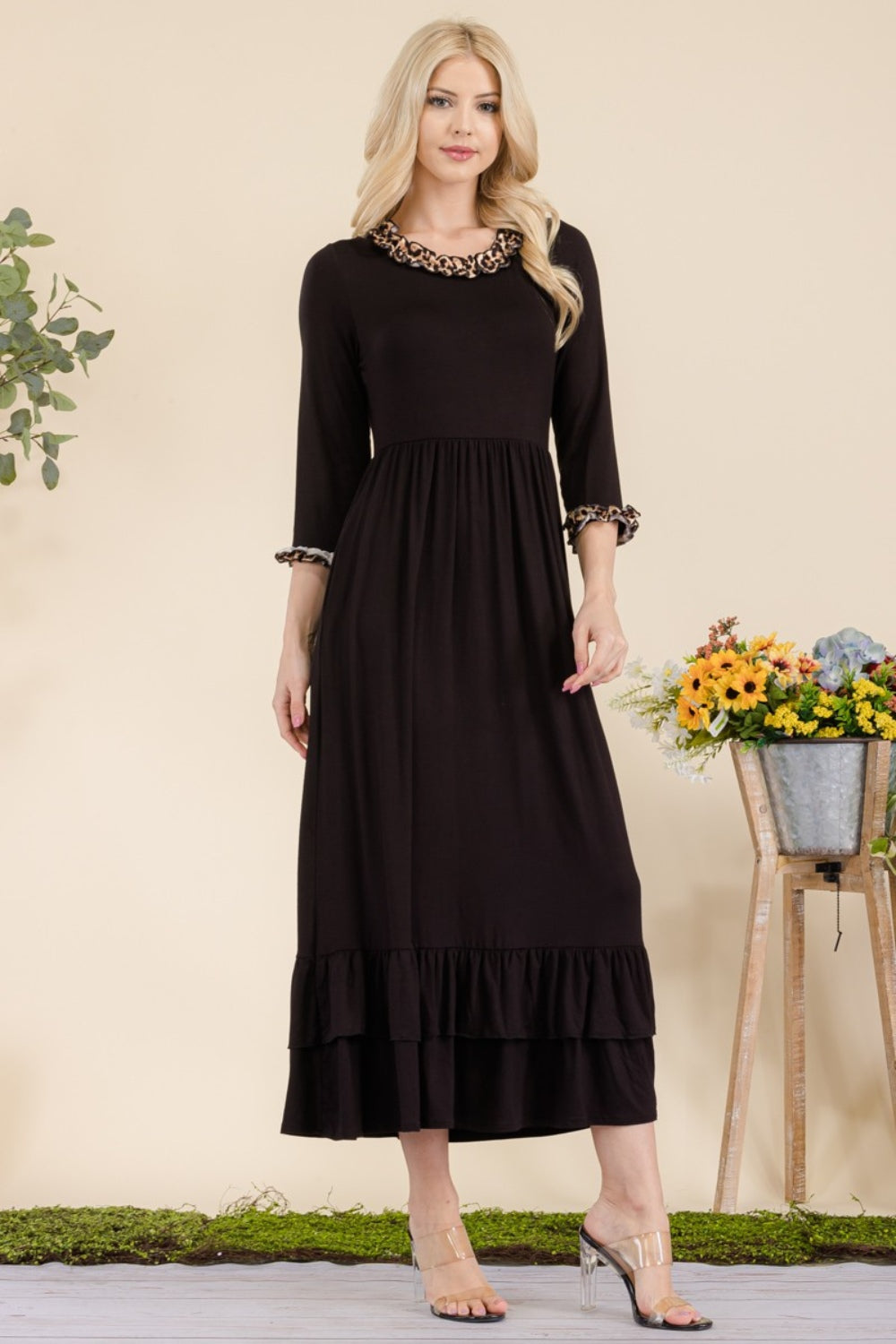 Celeste Full Size Leopard Ruffle Detail Midi Dress-BT8D