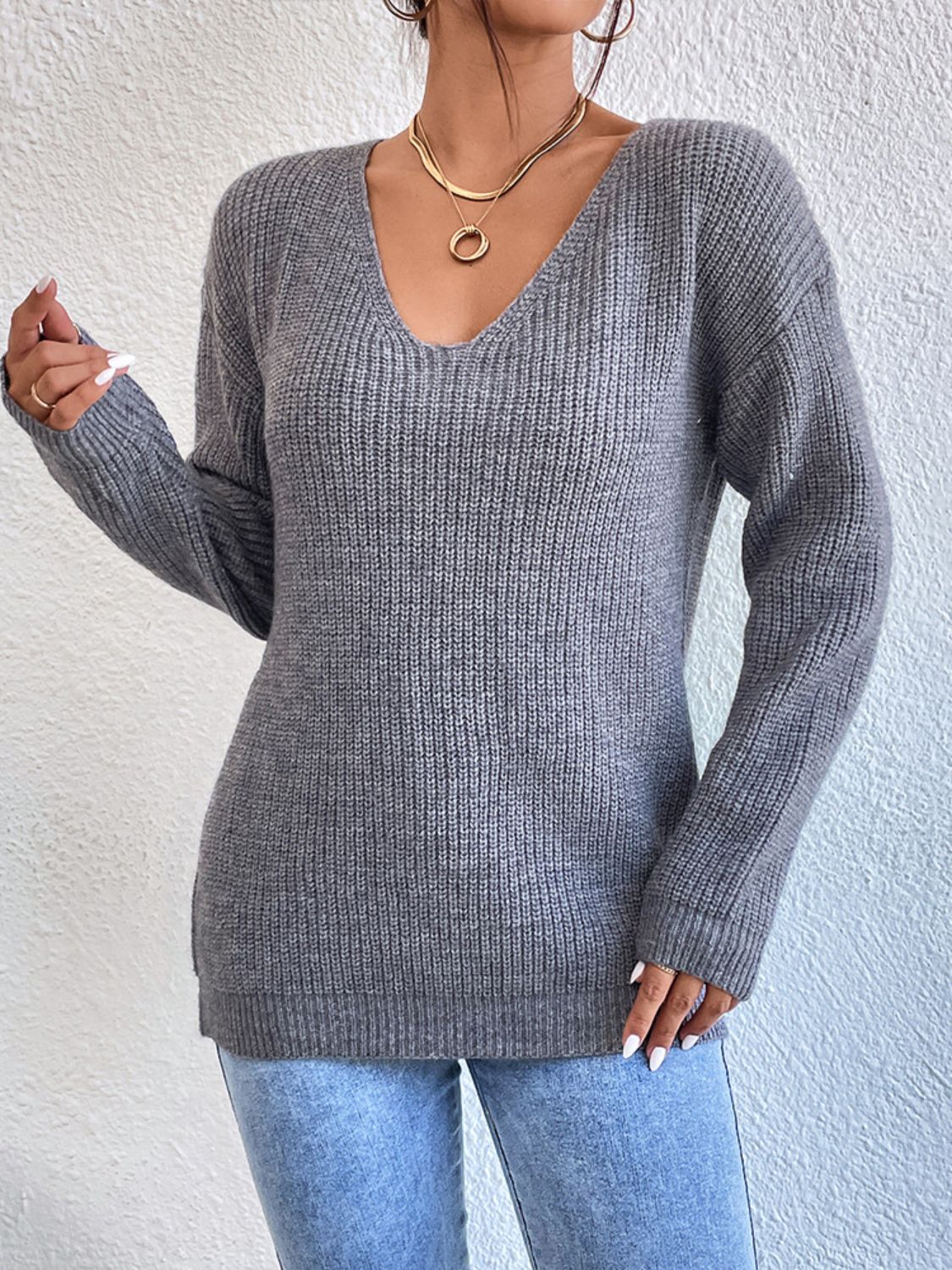 Crisscross V-Neck Long Sleeve Sweater-BT8D