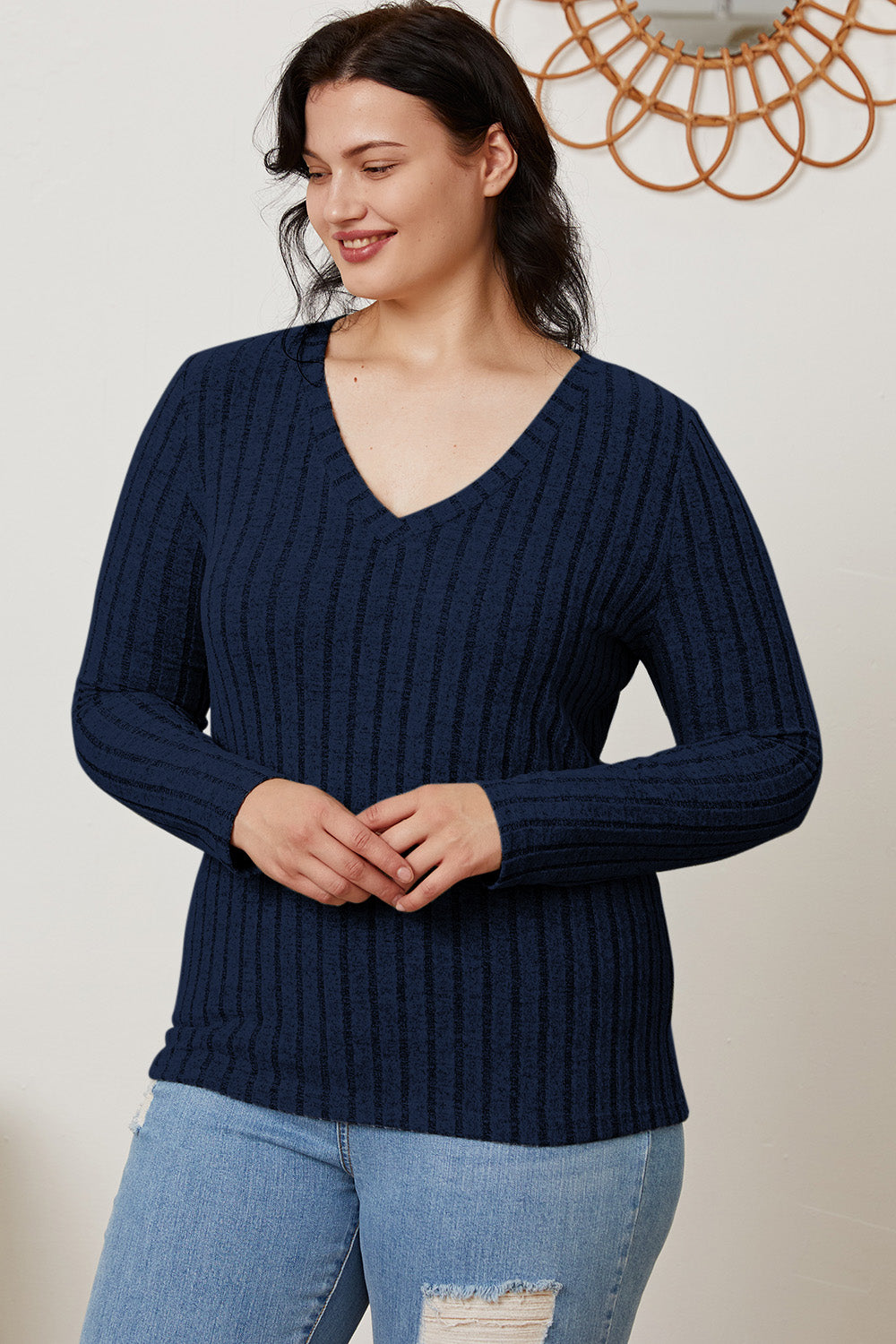 Basic Bae Full Size Ribbed V-Neck Long Sleeve T-Shirt-BT8D