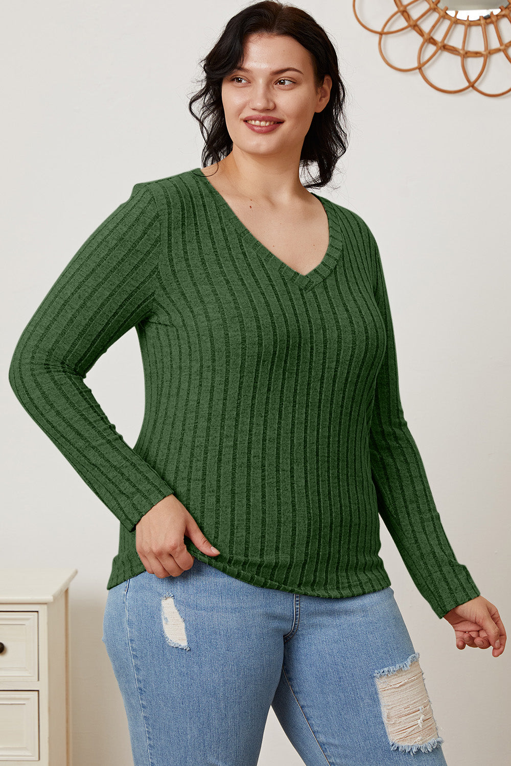 Basic Bae Full Size Ribbed V-Neck Long Sleeve T-Shirt-BT8D