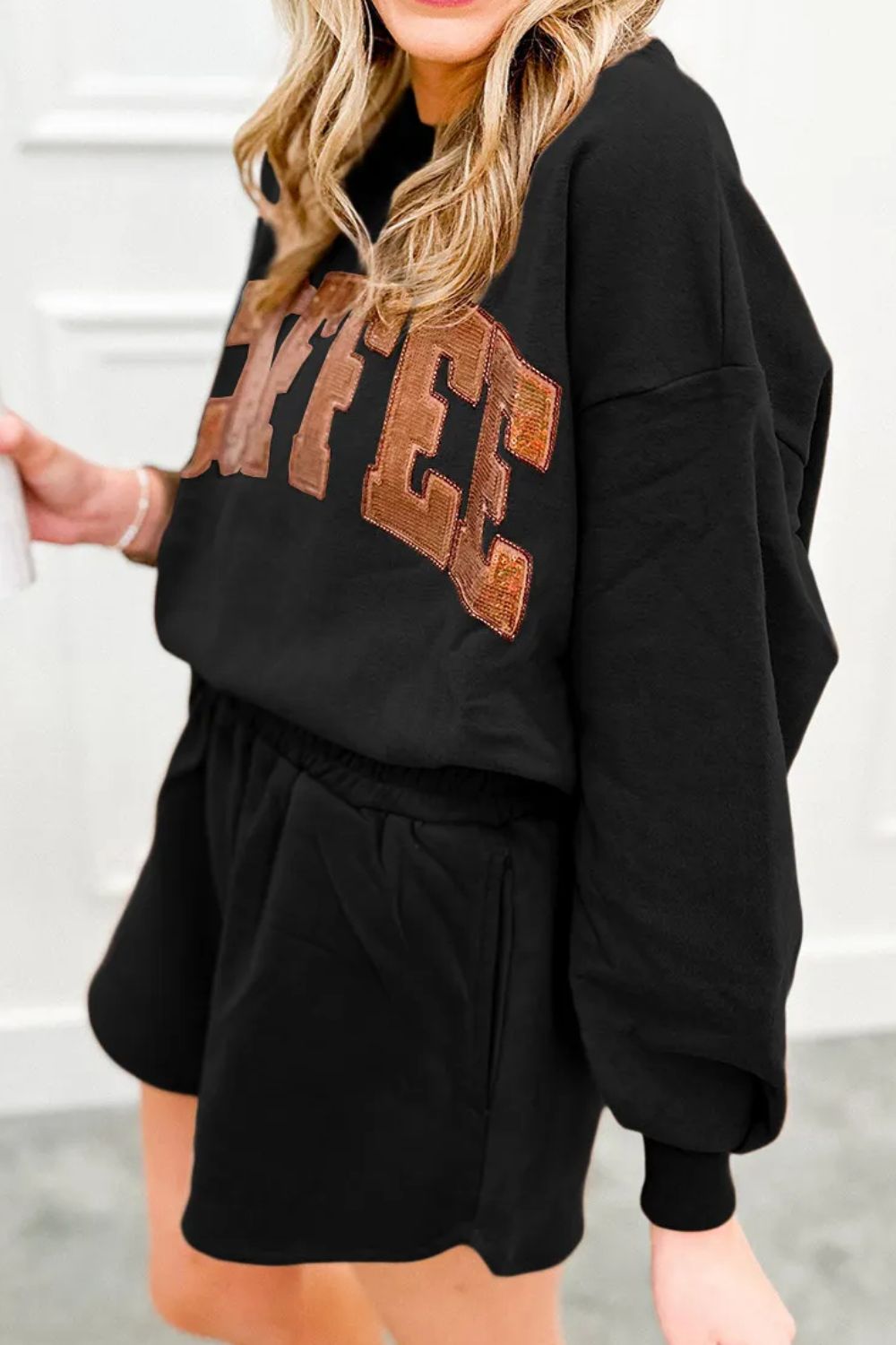 COFFEE Sequin Round Neck Long Sleeve Top and Shorts Set-BT8D