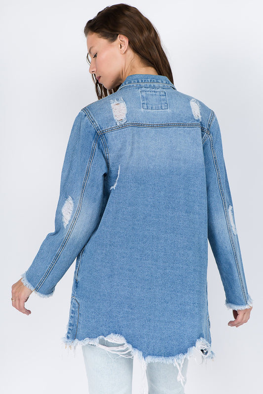 American Bazi Distressed Frayed Hem Denim Jacket-BT8D