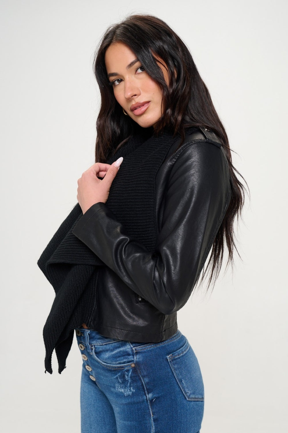 Coalition LA Knit Collared Faux Leather Crop Jacket-BT8D