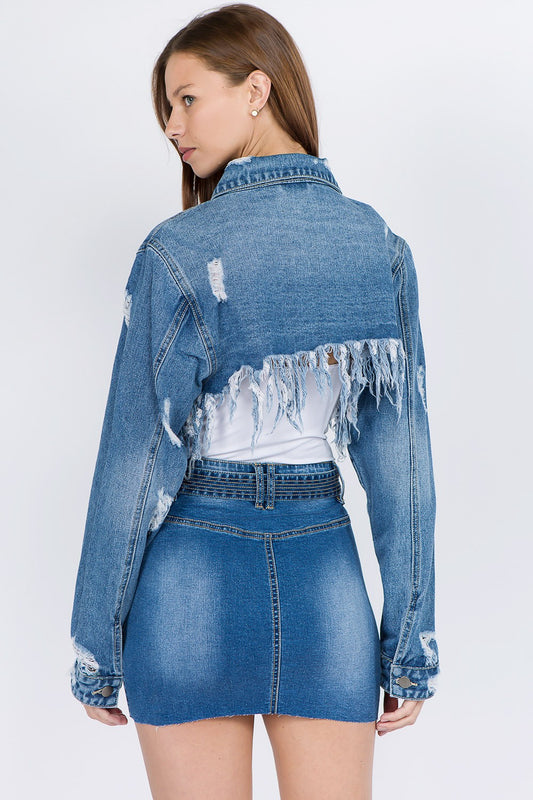 American Bazi Distressed Denim Jacket with Frayed Hem-BT8D