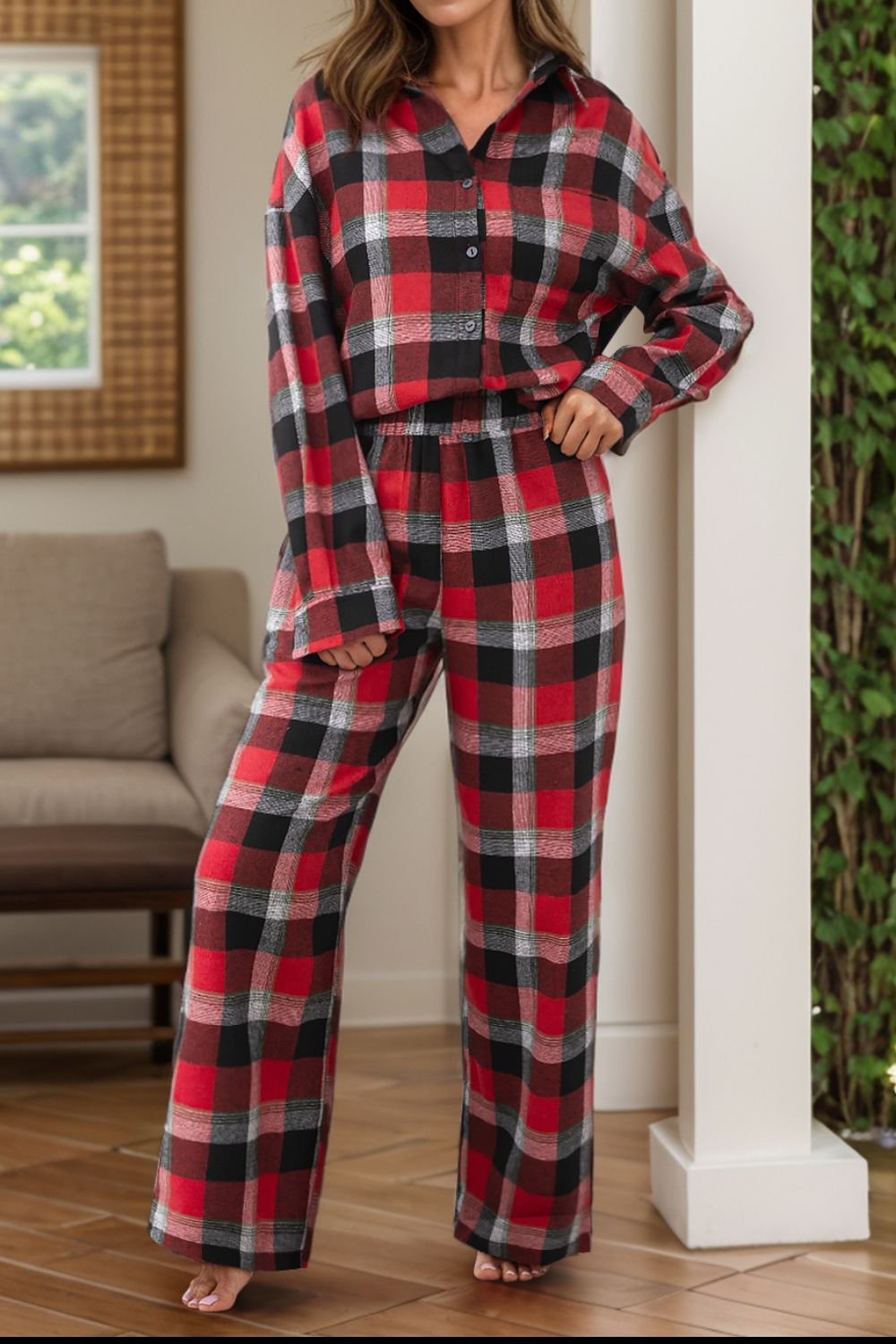 Plaid Long Sleeve Top And Pants Lounge Set