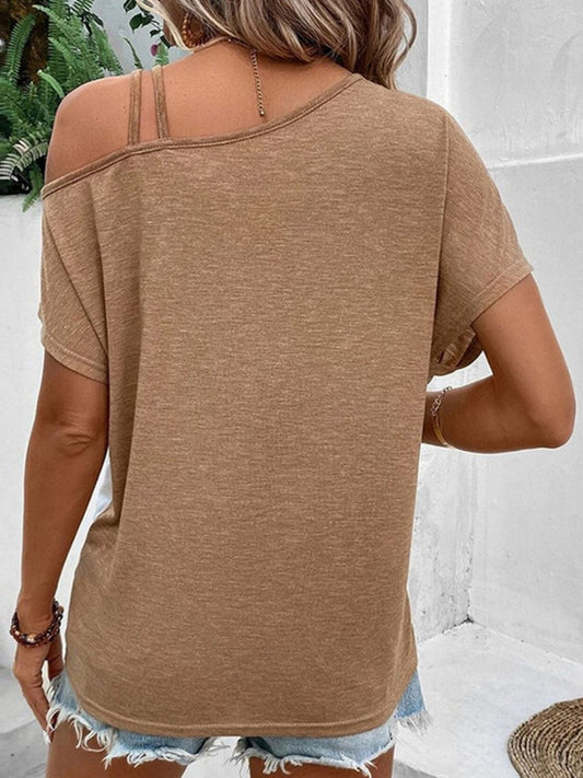 Contrast Asymmetrical Neck Short Sleeve T-Shirt-BT8D